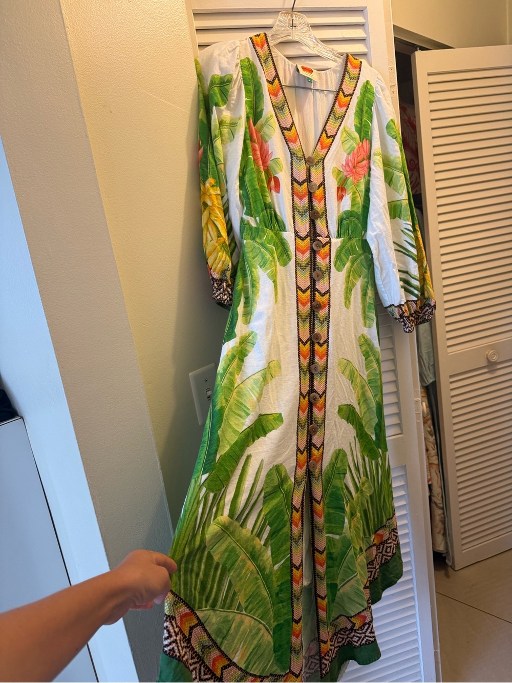 Farm Rio Fresh Anthropologie  Dress S V-Neck Linen Blend Balloon Sleeve Tropical